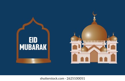 Eid Mubarak Islamic concept background template vector art, English Text Typography Eid Mubarak and Mosque Illustration.