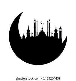Eid Mubarak islamic crescent with arabic lantern and mosque. Flat vector illustration isolated on white background.