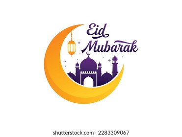 Eid mubarak islamic crescent mosque logo design template