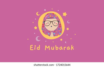 Eid Mubarak Islamic Cute Girl Moslem Hiba Pattern Wallpaper Vector