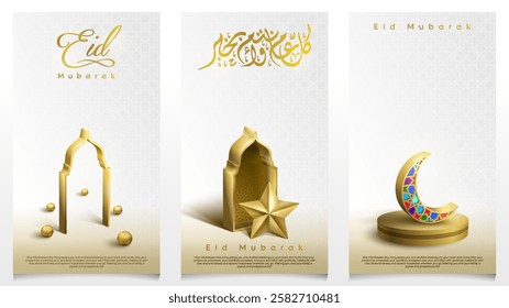 Eid Mubarak islamic decoration background with Gold crescent moon and mosque door greeting card