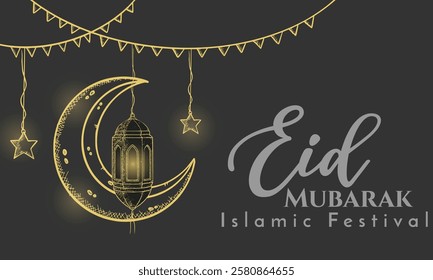 Eid Mubarak Islamic decorative background with Arabic pattern . Islamic background, Eid Mubarak calligraphy with lanterns. means happy eid