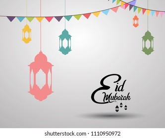 Eid Mubarak islamic design with colorful lantern and ribbon background. vector illustration for holy month ramadan celebration.