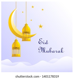 Eid Mubarak islamic design crescent moon and traditional gold lantern