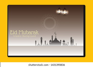 Eid Mubarak islamic design crescent moon, traditional lantern and arabic calligraphy