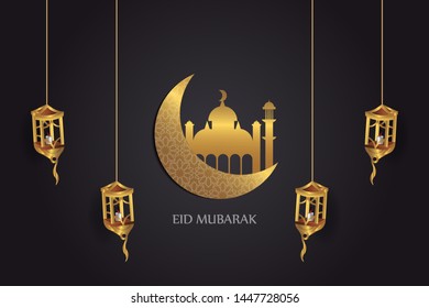 Eid Mubarak islamic design crescent moon and arabic calligraphy