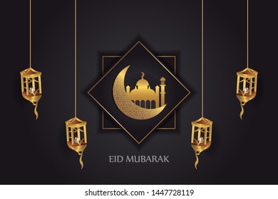 Eid Mubarak islamic design crescent moon and arabic calligraphy