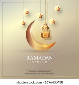 Eid Mubarak islamic design with crescent moon, traditional lantern and the stars