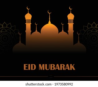 Eid Mubarak Islamic design crescent moon and mosque. "Eid Mubarak" Islamic background template 