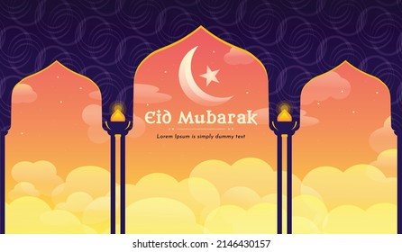Eid Mubarak islamic design crescent moon with mosque arch outline and heavenly feel of golden clouds. Wish you Happy Eid Mubarak!
