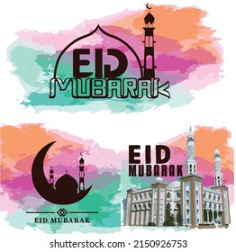 Eid Mubarak islamic design crescent moon and calligraphy. Eid Mubarak Design Background. Vector Illustration for greeting card, poster and banner.