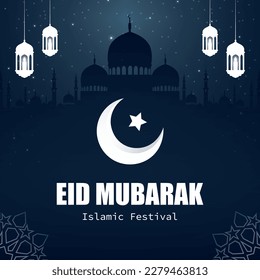 Eid Mubarak islamic design crescent moon and arabic calligraphy