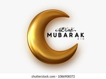 Eid Mubarak islamic design gold crescent moon with arabic handwritten calligraphy Ramadan Kareem.