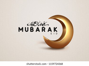 Eid Mubarak islamic design gold crescent moon with arabic handwritten calligraphy Ramadan Kareem. Eid Mubarak islamic design gold crescent moon with arabic handwritten calligraphy Ramadan Kareem.