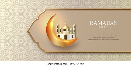 Eid Mubarak islamic design with gold frame, crescent moon, mosque and Islamic traditional pattern