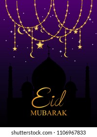 Eid Mubarak Islamic design greeting card template with arabic calligraphy wishes. Vector illustration