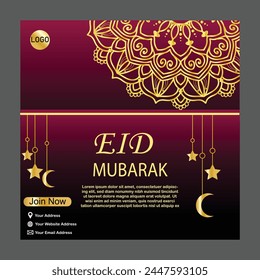 Eid Mubarak diseño islámico, tarjeta de felicitación Plantilla con deseos de gradiente de oro