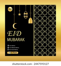 Eid Mubarak diseño islámico, tarjeta de felicitación Plantilla con deseos de gradiente de oro