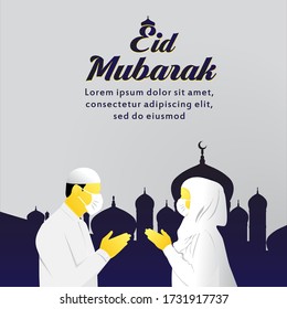 Eid Mubarak islamic design with mosque and people say hello without touching illustration. the atmosphere of a great Islamic day in the middle of a corona pandemic