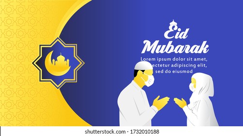 Eid Mubarak islamic design with mosque and people say hello without touching illustration. the atmosphere of a great Islamic day in the middle of a corona pandemic