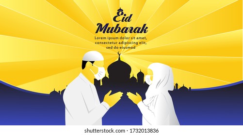 Eid Mubarak islamischen Design mit Moschee und Menschen sagen hallo, ohne berühren Illustration. die Atmosphäre eines großen islamischen Tages inmitten einer Korona-Pandemie