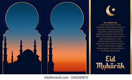Eid Mubarak Islamic design with mosque silhouette, crescent moon and star. Eid Mubarak greeting card template. Wishing for Islamic festival for banner, poster, flyer, card, brochure and sale template.