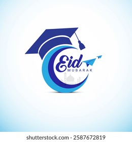 Eid Mubarak Islamic education new moon school graduate background template vector Illustration. Ramadan Mubarak Social Media Post With Pencil | Graduate Cap Eid Education Eid Ramadan Post