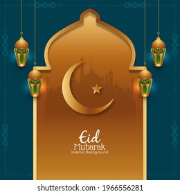 Eid mubarak islamic festival background with golden lanterns vector