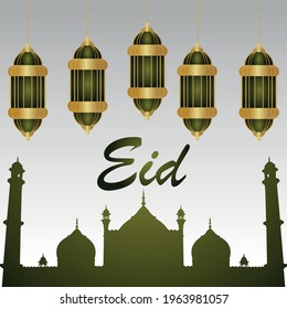Eid mubarak islamic festival celebration with flat arabic lantern
