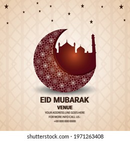 Eid mubarak islamic festival celebration card with pattern moon on arabic pattern background