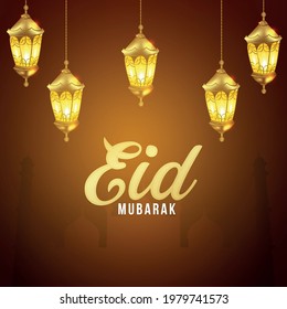 Eid mubarak islamic festival celebration greeting card with golden lantern 