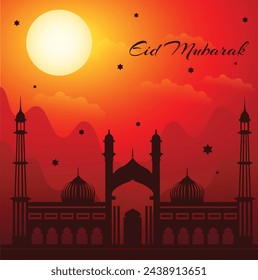 Eid mubarak islamic festival celebration poster with full moon background