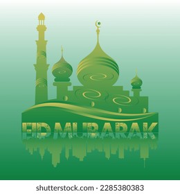 Eid Mubarak Islamic festival Green 3D Shadow Vives Vector mosque with City.