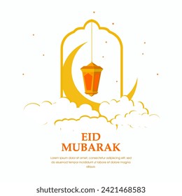 Eid mubarak islamic festival greeting background post template design. Eid mubarak banner with crescent moon, star, lantern, cloud, sky.