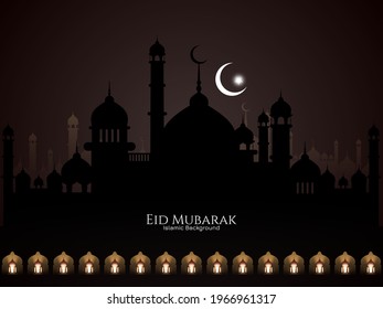 Eid mubarak islamic festival mosque background with lanterns vector