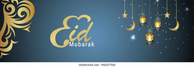 Eid mubarak islamic festival with realistic lantern on creative background