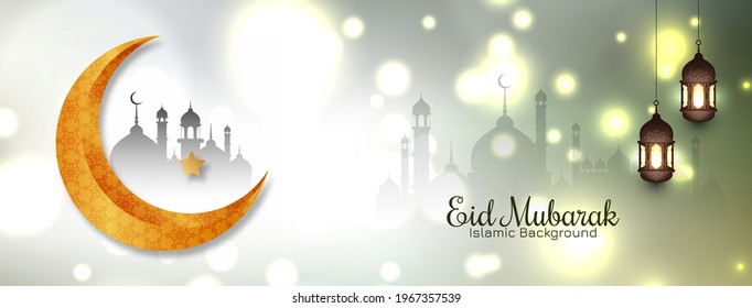 Eid mubarak islamic festival traditional bokeh banner design vector