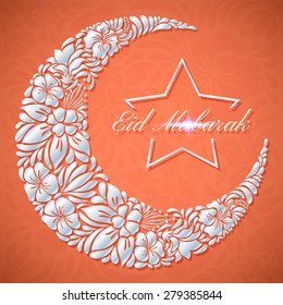 Eid Mubarak islamic festive background with floral crescent moon and star. Vector design