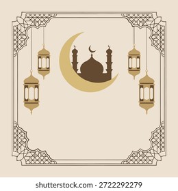 Eid Mubarak Islamischer Rahmen mit Halbmond, Moschee und Hängelaternen. Ramadan Kareem Elegante islamische Grenze mit Moschee Silhouette und Mond. Luxus-Ramadan-Hintergrund