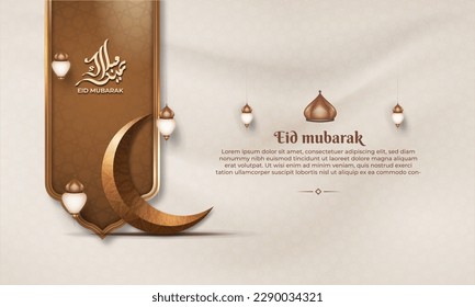 Eid mubarak with a islamic frame pattern crescent moon and lantern on a light background