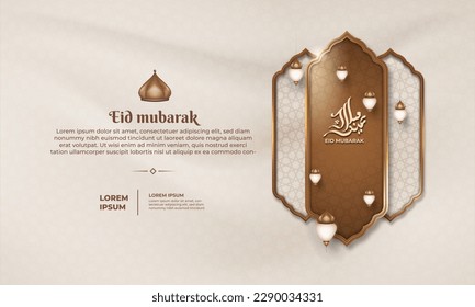 Eid mubarak with a islamic frame pattern and lantern on a light background