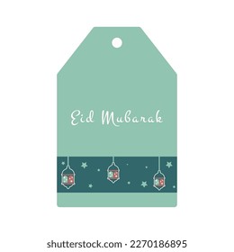 Eid Mubarak. Islamic gift tag with lantern. Vector holiday illustration in green colors.