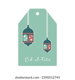 Eid Mubarak. Islamic gift tag with lantern. Vector holiday illustration in green colors.