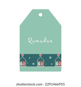 Eid Mubarak. Islamic gift tag with lantern. Vector holiday illustration in green colors.