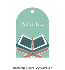Eid Mubarak. Etiqueta islámica de regalo con el Corán y el rosario. Ilustración vectorial en colores verdes.
