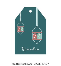 Eid Mubarak. Islamic gift tag with lantern. Vector holiday illustration in green colors.