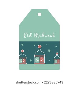 Eid Mubarak. Islamic gift tag with lantern. Vector holiday illustration in green colors.