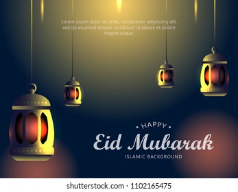Eid Mubarak Islamic greeting background with arabic lantern.