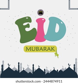 Eid Mubarak Plantilla de fondo de saludo islámico con la mezquita y Kaaba (el lugar de culto en el Islam), diseño colorido de la Plantilla Eid Al Fitr, día santo para los musulmanes. Bendito Eid, Bendito Festival.