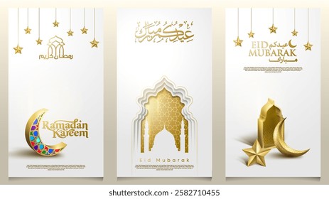 Eid Mubarak islamic greeting background with Gold mosque pattern and crescent moon illustration